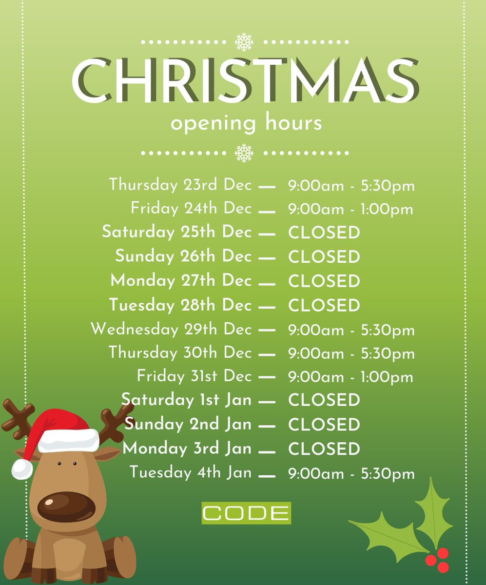 codestudents's tweet image. The festive season is upon us 🎄
 
For those of you that like to be organised, here are our Christmas Opening hours. Our Office and Parcel service hours will change slightly – please take a note of these times. 

#CODEChristmas
