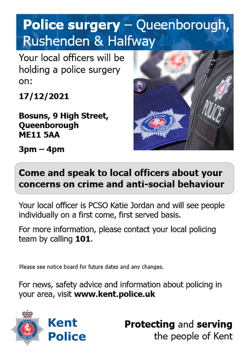Our local PCSO is holding her regular Police Surgery at <a href="/BosunsQ/">Bosuns of Queenborough</a> on Friday. 

#Queenborough #Rushenden #Halfway #Sheppey #Swale
