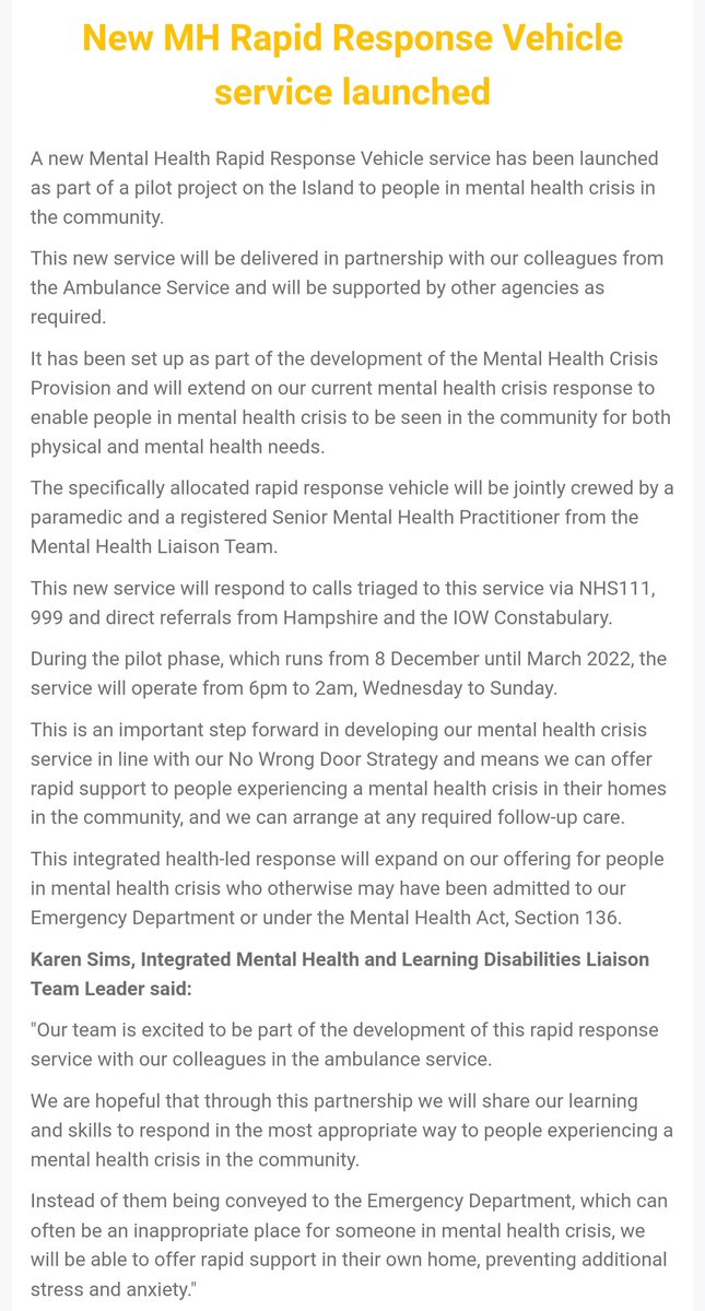 So very excited to have been a part of brining this together, a new #MentalHealth &amp; #Ambulance response for people who need support in #Crisis <a href="/IOWNHS/">Isle of Wight NHS Trust</a> <a href="/OFFICIALIOWAS/">Isle of Wight Ambulance Service</a> <a href="/IOWightPolice/">Isle of Wight Police</a> <a href="/DCattellIOWNHS/">Darren Cattell</a> <a href="/JCDSeward/">James Seward 💙</a> <a href="/Sonnmclean/">Sonya McLean 💙</a> <a href="/TeamIOWNHS/">IOWTeamNHS</a>