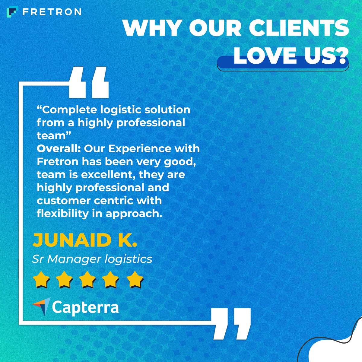 fretronapp's tweet photo. Schedule a demo with Fretron's sales representative at π¬ππ₯ππ¬@ππ«πππ«π¨π§.ππ¨π¦ and understand more about our solutions. Read more such comments on @Capterra
#logisitics #logisticsolutions #logisticsmanagement #supplychainmanagement #supplychainsolutions #fretron #lsps https://t.co/3ebehDPNfQ