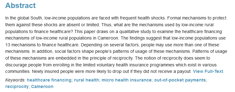 Societies_MDPI's tweet image. Healthcare Financing in Rural Cameroon
by Nathanael Ojong
#healthcarefinancing; #ruralhealth; #microhealthinsurance
full paper at: mdpi.com/2075-4698/9/4/…