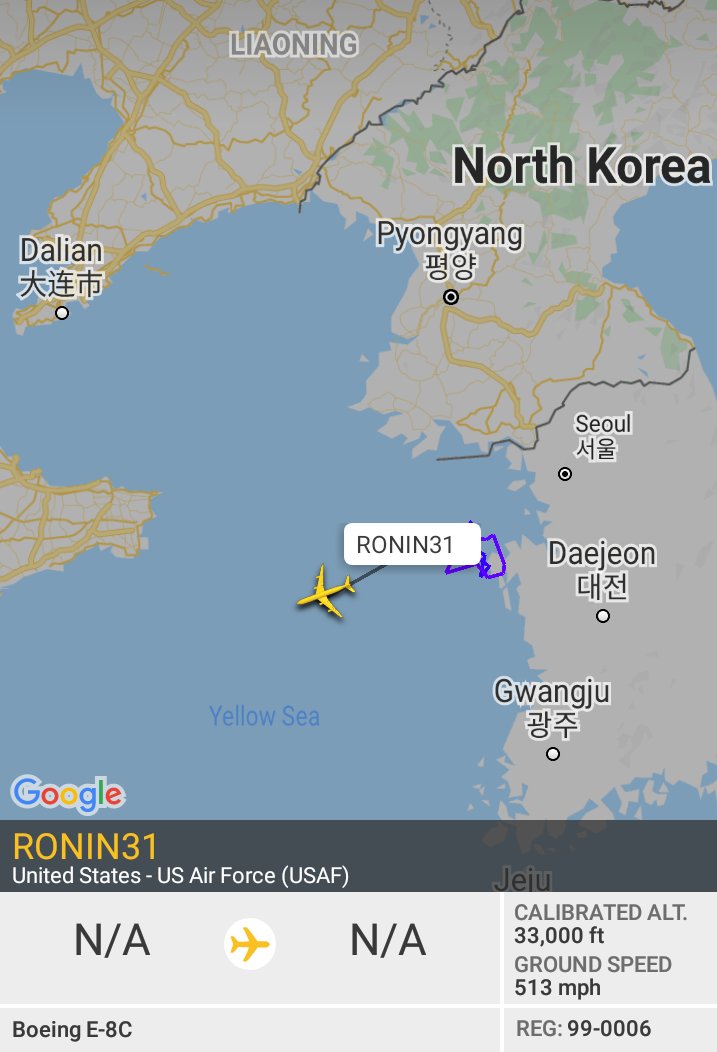 Oceanworldfree's tweet photo. ๐บ๐ฒUSAF RONIN31 99-0006 #AE1497
#YellowSea
Boeing E-8C https://t.co/vQDonbhPRa