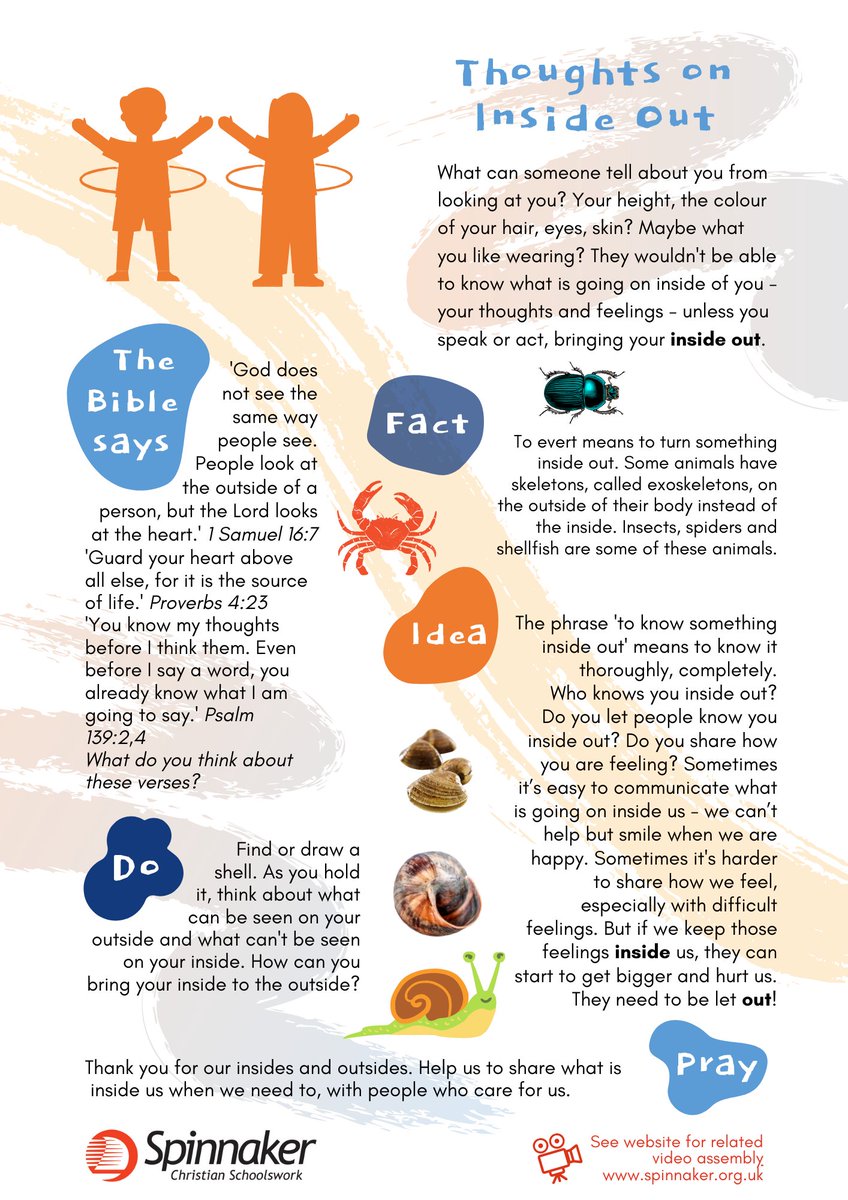 Spinnakertrust1's tweet image. #ThoughtsOn Inside Out: Our thoughts and feelings are inside us. How do you show them on your outside? Who knows you ‘inside out’?

For Pdf version - bit.ly/31WW8tk

#ClassReflection
#CircleTime
#QuietTime