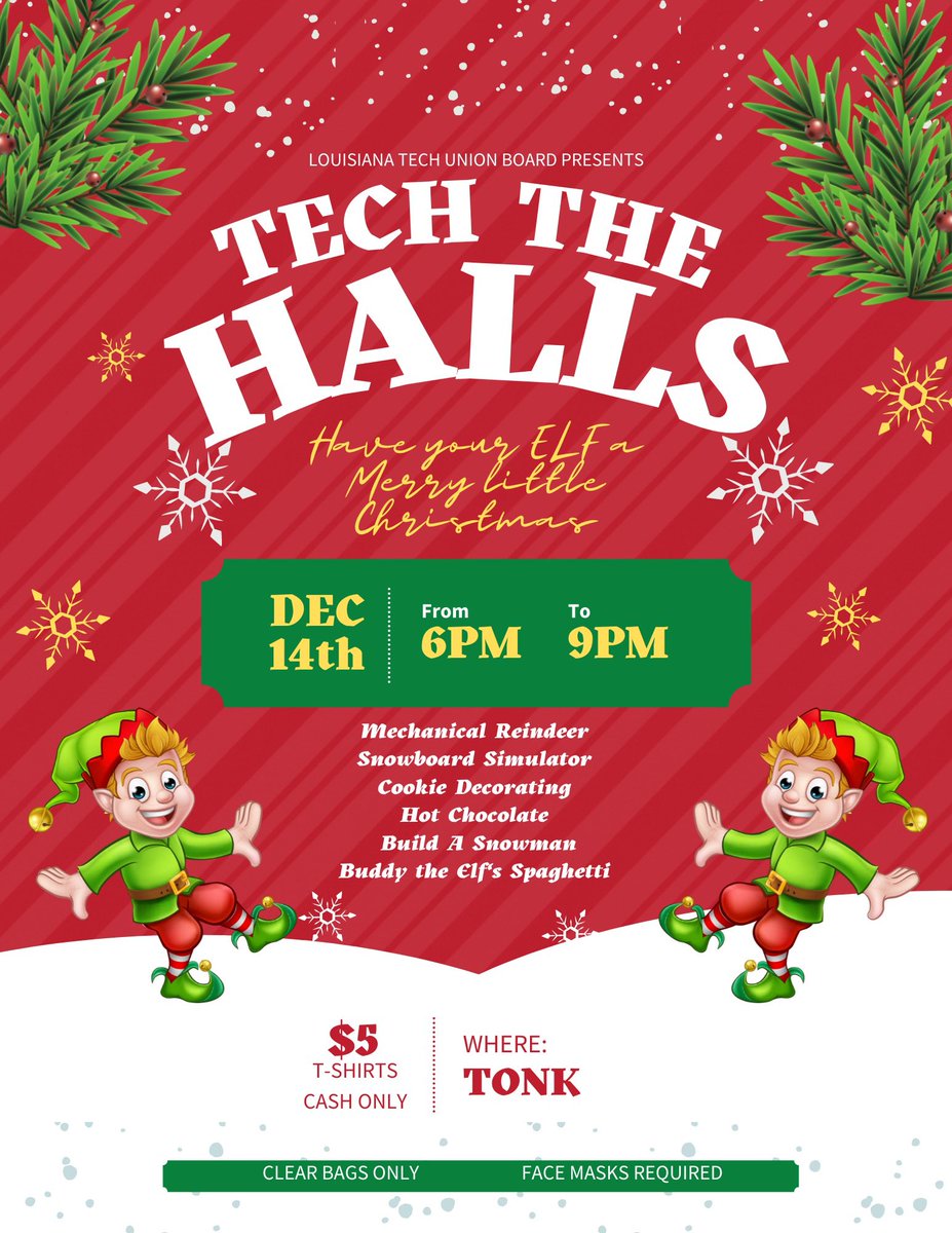 🎄TECH THE HALLS 🎄is happening TONIGHT in the tonk at 6PM! Come check it out. Masks are required and only clear bags are allowed inside. T-Shirts are $5 CASH!!