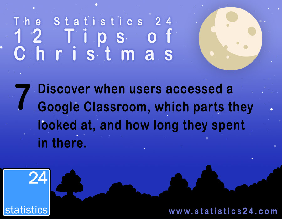 24Statistics's tweet photo. It's time for our #Statistics24 12 Tips of Christmas!
7. Discover when users accessed a #GoogleClassroom, which parts they looked at, and how long they spent in there.
#GSfE #GoogleEdu @GoogleForEdu
 @GoogleWorkspace https://t.co/5dnBZTF1SX