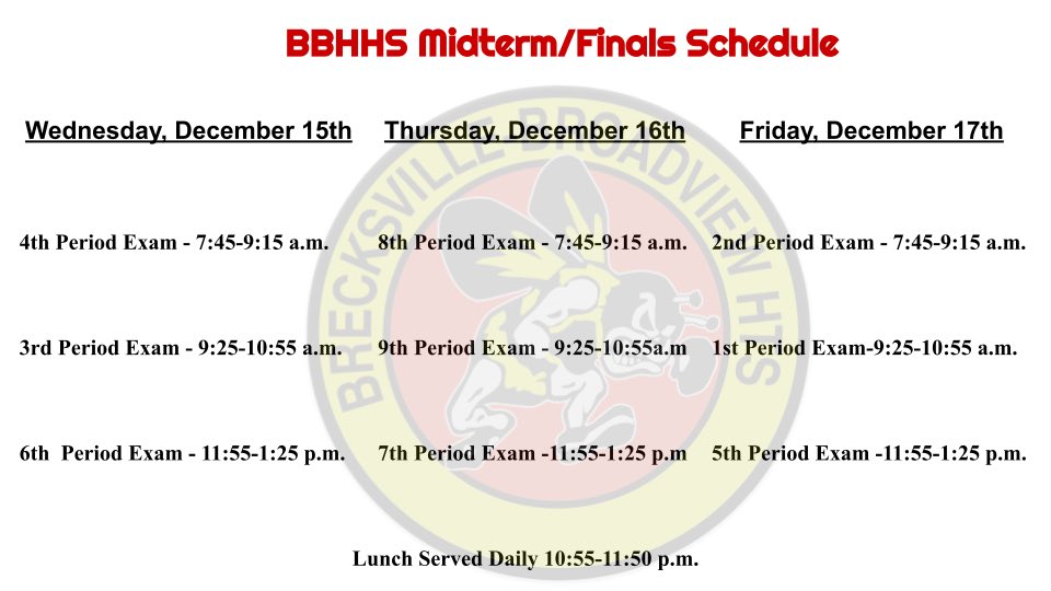 KevinJakub's tweet image. As a reminder @_BBHHS will be conducting Midterms/Finals tomorrow thru Friday.  The schedule is attached below.  Good luck &amp;amp; prep well! @beesswarm22 @bbhcsd @bbhathletics