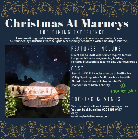 MomentumCharity's tweet photo. Looking for a special family treat this Christmas? Why not try igloo dining at Marney's Village Inn, Esher @MarneysPub The best bit is that each booking will raise £5 to help the families we support https://t.co/6rtx5NL1R2