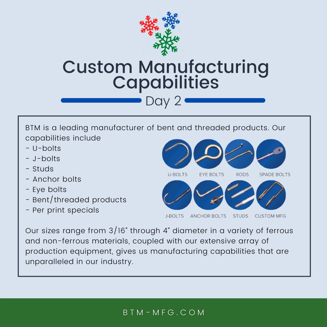 BTMMfg's tweet photo. Today is Day 2 of @BTMMfg's #12DaysofManufacturing. Check out our #custommanufacturing capabilities.
#KansasCityCompany #KCBusiness https://t.co/JCljjdlJGu