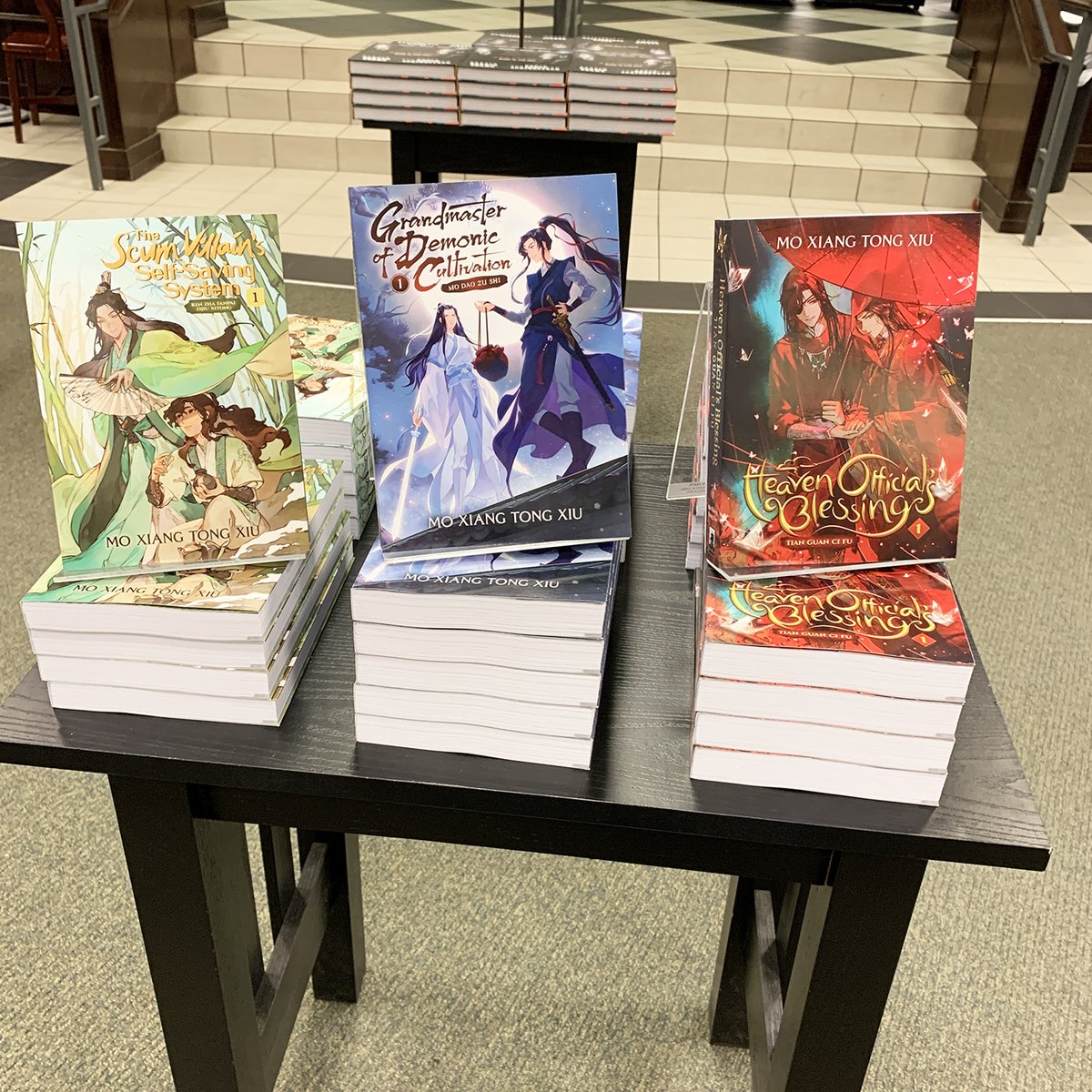 TODAY'S THE DAY! Our new English-language editions of the three #MXTX novel series have debuted in stores around the world! 🎉 #SevenSeasDanmei

Check out this great set-up at a local Barnes & Noble! If you have photos of your own store display, let us know with #mxtxbkstore 👀