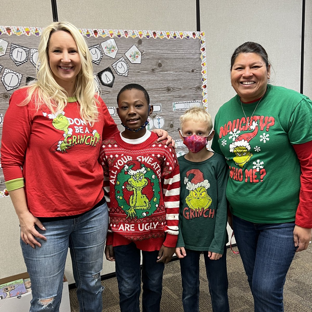 jennguck's tweet photo. We have a lot of GRINCHES in 4th grade! Spirt week continues with red &amp; Green Day! @HadfieldHuskies https://t.co/cTCyvWFyfM