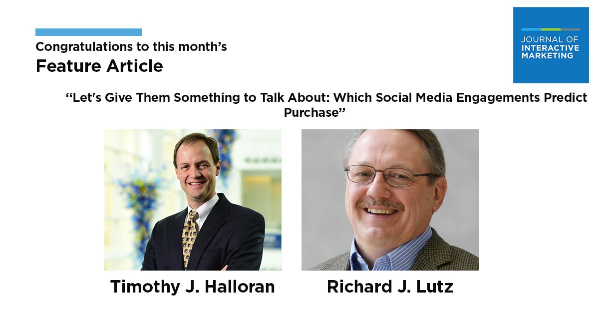 Congratulations to <a href="/TheBrandGuyTim/">Tim Halloran</a> &amp; <a href="/GatorLutz/">Richard Lutz</a>, the authors of this month's feature article. They show that some consumer social media engagements predict increased purchases while many are negligible. Read their article authors.elsevier.com/a/1e0G~3u~JGYy… for #free!