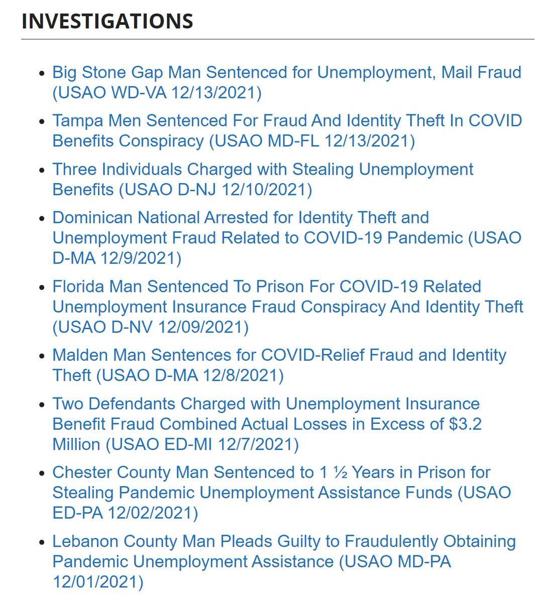 Department of Labor is tracking Pandemic Unemployment Fraud investigations on this page: 

oig.dol.gov/OIG_Pandemic_R…

#PUA #UEFraud #PandemicFraud #UnemploymentFraud