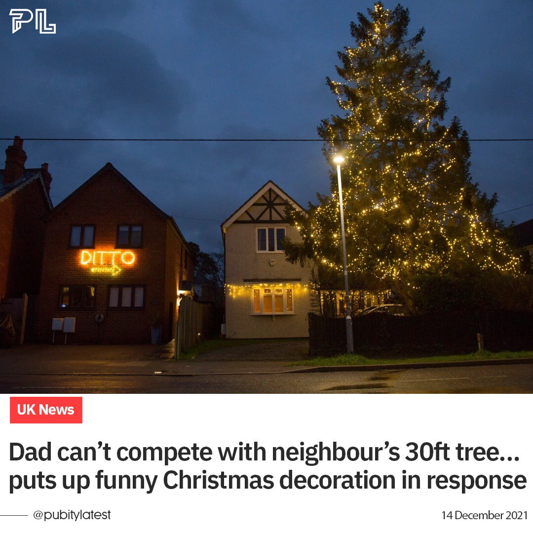 A dad who says he couldn’t compete with his neighbour’s 30ft illuminated tree put up a funny Christmas decoration in response.

Tom Durrant spent £150 on chicken wire and lights to create a sign outside his home saying “DITTO”, with an arrow pointing to the tree. https://t.co/0tAIoYBfAU