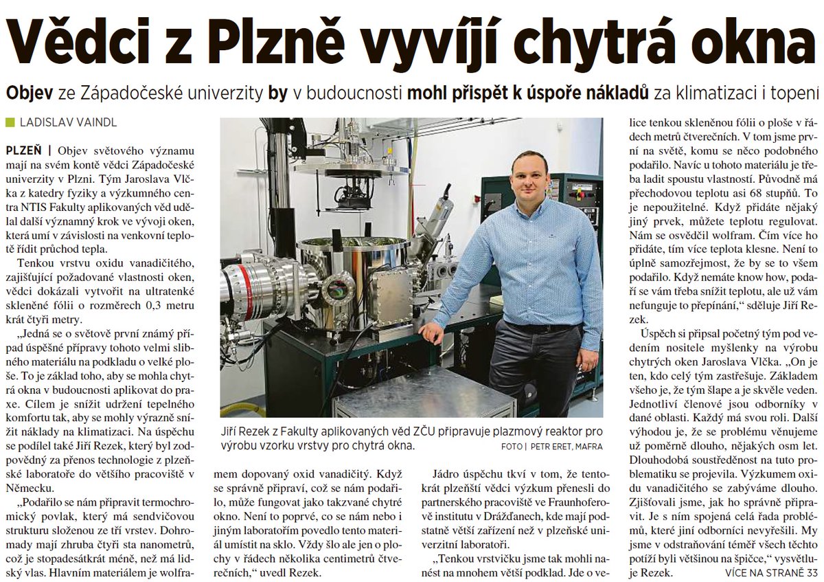 Switch2Save_EU's tweet photo. 👏👏👏 Great to see the achievement of Prof. Vlček's team from @ZapadoceskaUni in the development of #smart #windows being promoted in Czech national newspapers.

#thermochromic #smart #glass #solutions #Switch2Save @FraunhoferFEP https://t.co/a4WcjeeoGa