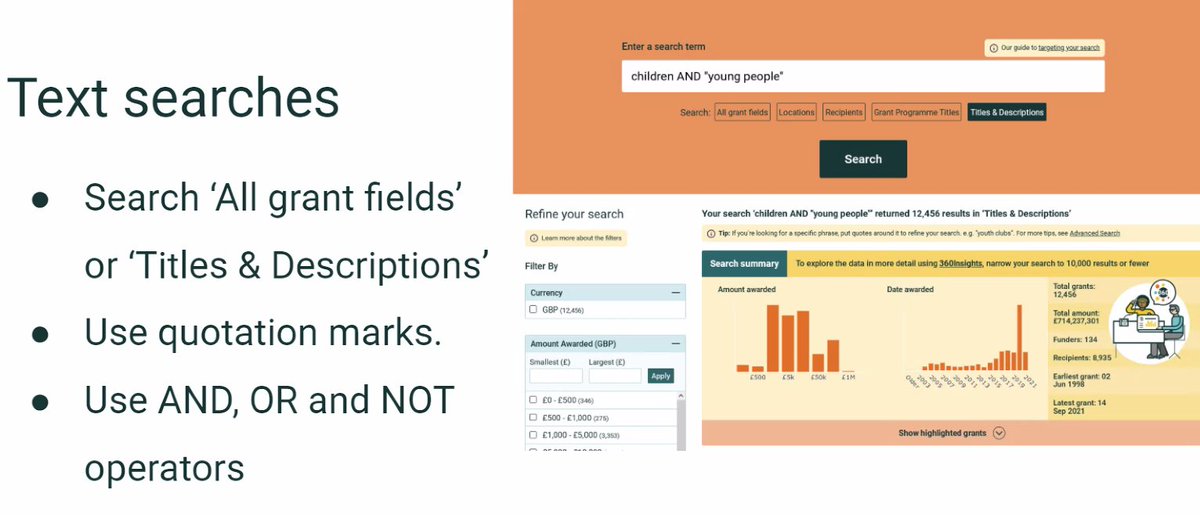 360Giving's tweet photo. 🤔 We're now explaining how to do 'text searches'. By doing this you can narrow down your search using the grant descriptions.
#GrantNav also uses 'stemming' and brings words together e.g. garden/gardens/gardening (but it isn't as broad as a normal search engine) 🌿🍀🍃 https://t.co/QAuTA576za
