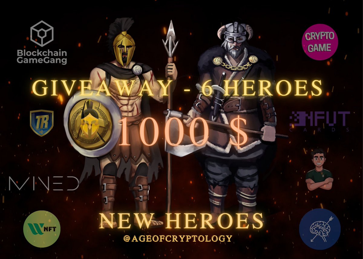 Age Of Cryptology (@ageofcryptology) on Twitter photo 🥳 GIVEAWAY $1000 🥳 6 New Heroes to win rewards. You can batlle without fees on battles.
1️⃣ Follow <a href="/AgeOfCryptology/">Age Of Cryptology</a>
2️⃣ RT & LIKE tweet
3️⃣ Mention 2 warriors (more mentions = more entries)
#NFT #NFTs #NFTGame #P2E #PlayToEarn #Nofees #Heroes #Mitology #Mitologygame 🥳 GIVEAWAY $1000 🥳 6 New Heroes to win rewards. You can batlle without fees on battles.
1️⃣ Follow <a href="/AgeOfCryptology/">Age Of Cryptology</a>
2️⃣ RT & LIKE tweet
3️⃣ Mention 2 warriors (more mentions = more entries)
#NFT #NFTs #NFTGame #P2E #PlayToEarn #Nofees #Heroes #Mitology #Mitologygame