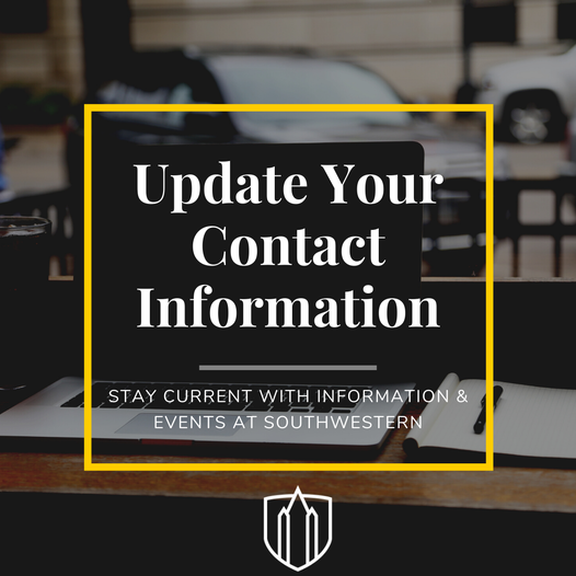 Now is the time to update contact info on file w/SU. Invites for fall events (e.g., Charter Day, Brown Symposium) will be mailed soon. Don't miss out! southwestern.edu/alumni/how-do-…  *Add alumni@southwestern.edu to email contact list so all messages go to your inbox!