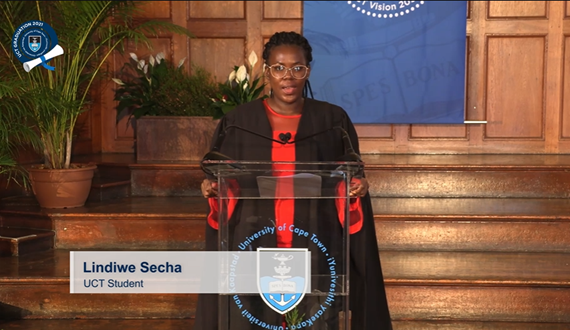 UCT_news's tweet photo. #UCTGrad2021 The University Statement of Dedication is now being read by Ms Lindiwe Secha. https://t.co/lHT3lwoFYK