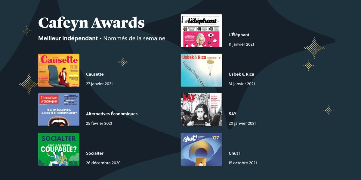 #CafeynAwards 2021 : Et les nommés pour la catégorie “Meilleur indépendant” sont... ⁣✨ Qui sortira vainqueur cette semaine ?
#MeilleurIndépendant #presse #magazine