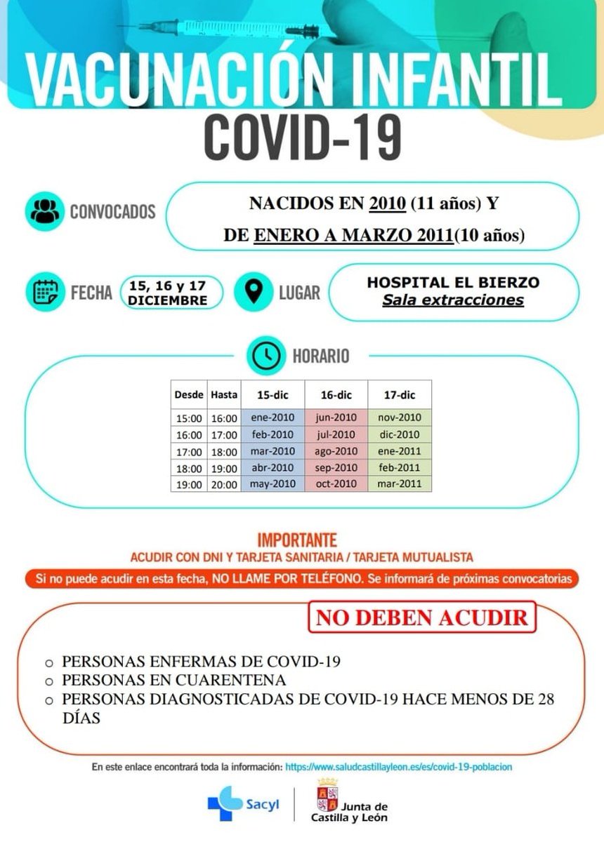 Las niñas y niños de Ponferrada nacidos en 2010 y hasta marzo de 2011 podrán recibir la #VacunaCOVID19 los días 15, 16 y 17 de diciembre en diferentes turnos.

📍Hospital del Bierzo.

#YoRegaloVida #YoMeVacunoSeguro