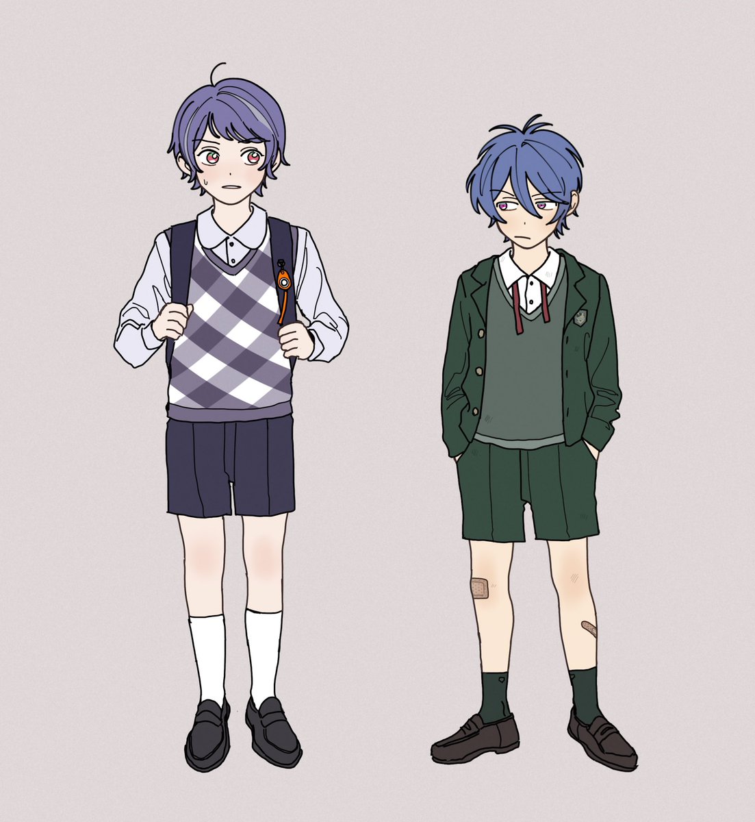 multiple boys 2boys shorts aged down blue hair bag jacket  illustration images