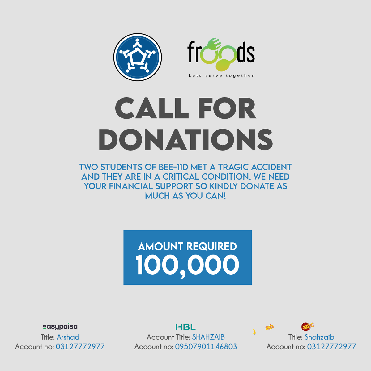 froodsorg's tweet photo. Most of our NUST family would be aware of the recent tragic accident that claimed the lives of 2 students, and left two more in critical condition. This is a call for donations to help fund the medical expenses. Every donation counts! So we urge everyone to support and share this https://t.co/S3g9TuZU6O