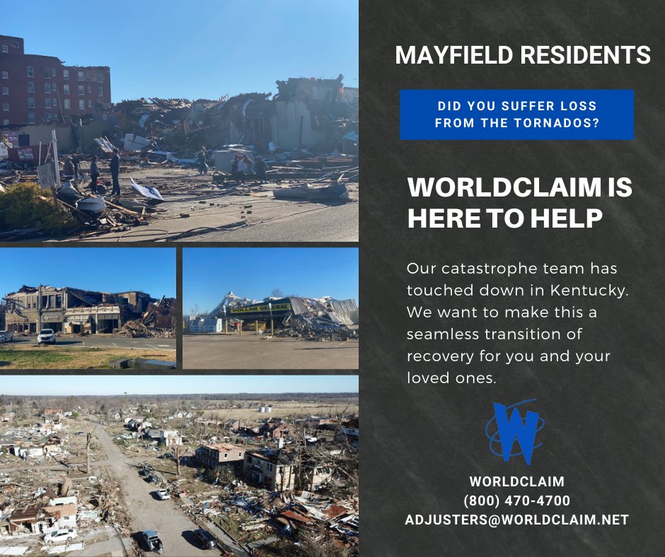 worldclaim's tweet photo. #WorldClaim is ready to help those who suffered loss in #Mayfield. 
Our #PublicAdjusters will happily review your policy with no obligation. 
Let's take the next step forward towards recovery.
Phone: (800) 470-4700
Email: adjusters@worldclaim.net
#Kentucky #Tornado #WCDifference https://t.co/oeazQ5LVUf