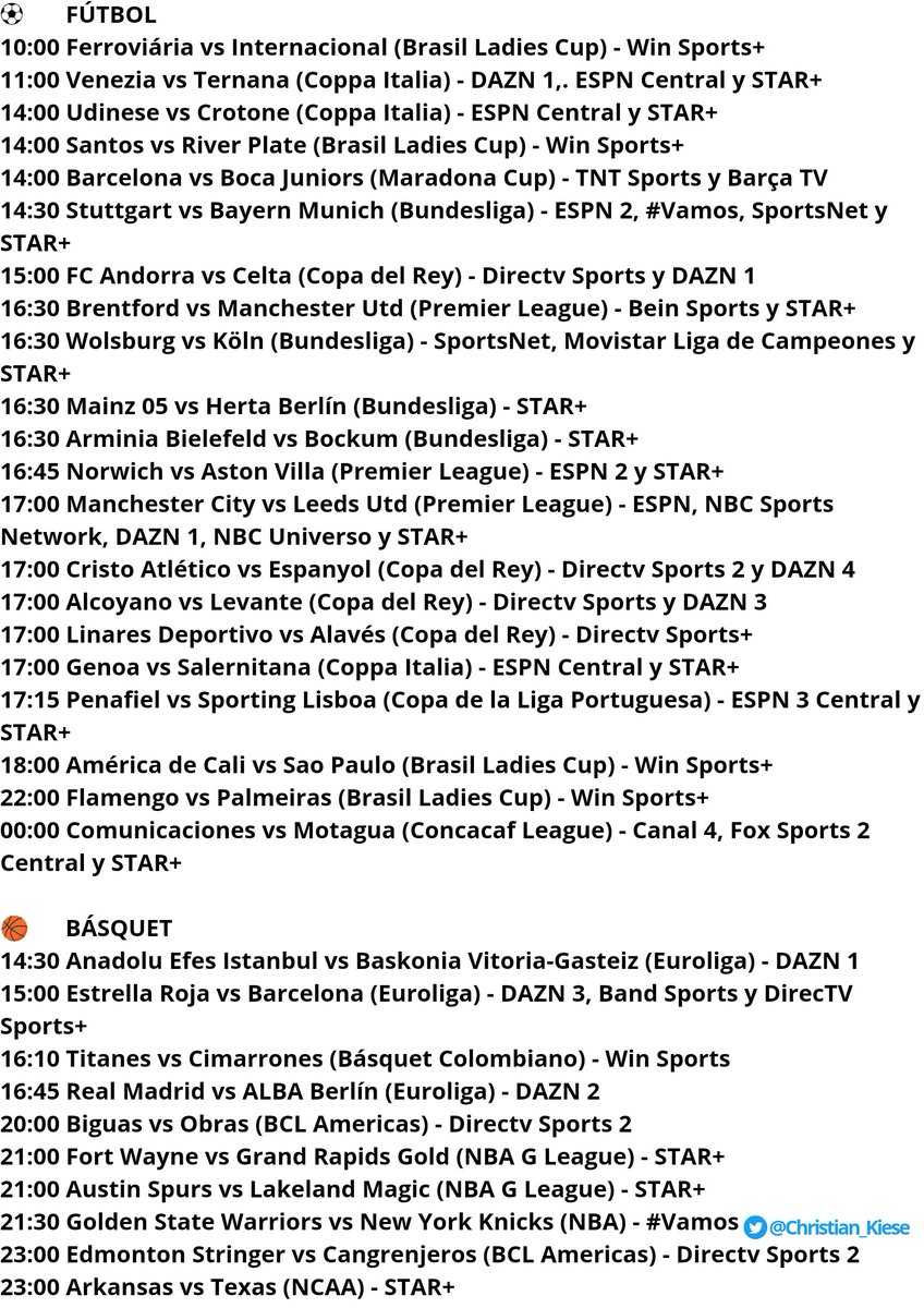 Christian_Kiese's tweet photo. Grilla Deportiva - Martes 14/12
⚽ 21 partidos
🏀 #Euroliga #BasketCol #NBAGLeague #NBA75
📺 @tvboxpy https://t.co/EuMQT0gCfL