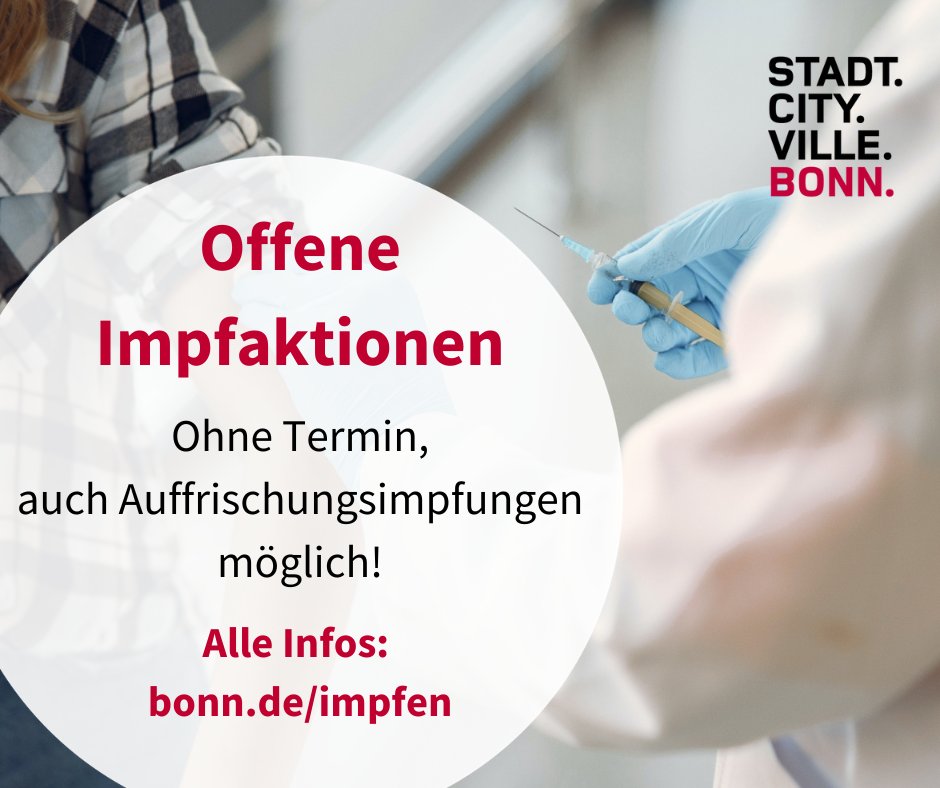 Sie fragen sich, wo dieses Jahr noch geimpft wird? Wir haben eine Übersicht erstellt 😊 

Alle Impftermine bis zum 30. Dezember finden Sie in unserer Pressemitteilung bonn.de/pressemitteilu… Und keine Sorge, nächstes Jahr wird es natürlich auch Impfangebote geben 💉
