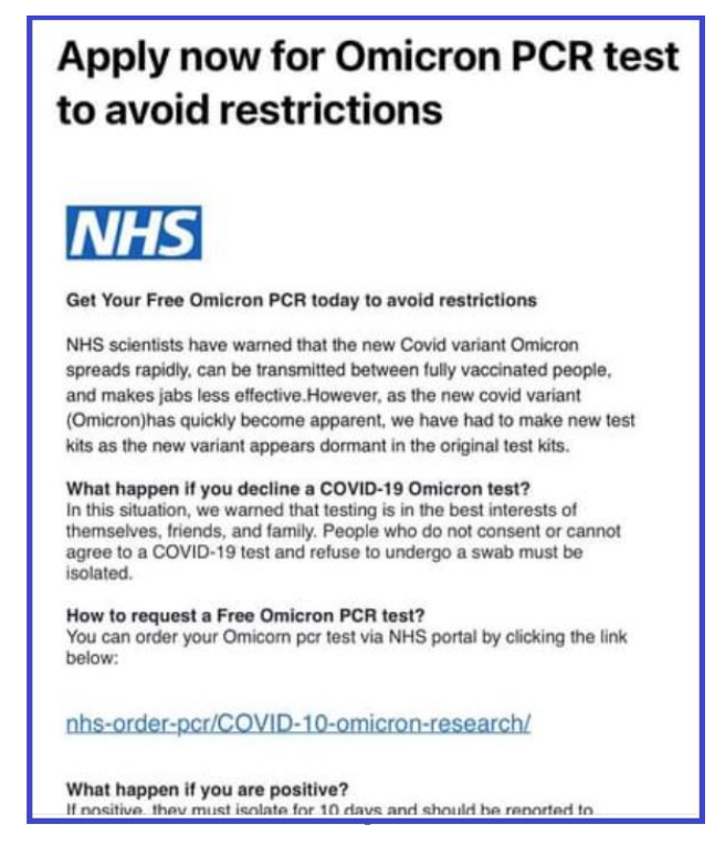CTSI_UK's tweet photo. Public hit with COVID-19 Omicron variant scam messages

The Chartered Trading Standards Institute (CTSI) has received evidence of a scam that uses the rising Omicron variant to dupe recipients.

Read in full: https://t.co/XFCXO2csq2 https://t.co/1OoWKQS23C