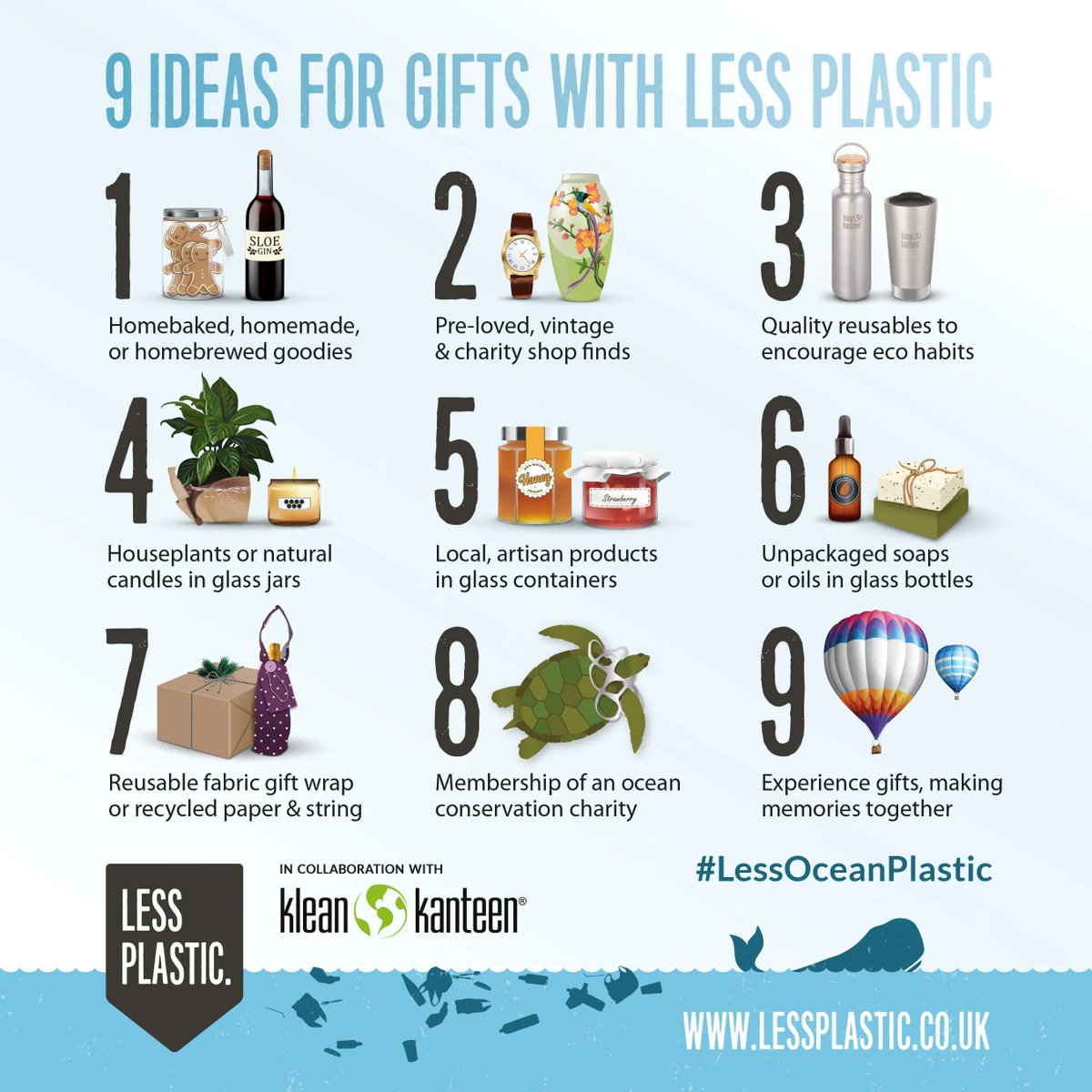 LessPlasticUK's tweet photo. Love #Christmas gifts? #HatePlastic? Here are 9 less plastic gift ideas! 🎅 

Gift your own jams, breads &amp; sloe gins 🍷 Buy olive oil, coffee beans &amp; soaps from #zerowaste shops 😁 Give experiences like balloon rides &amp; spa trips 🌈 &amp; use reusable wrap. 

RT to spread the word! 🙏 https://t.co/zyye4nbUUN