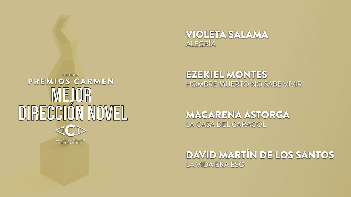 Las nominaciones para Mejor Dirección Novel son: 

@theafricaine (Alegría), <a href="/ezekielmontes/">Ezekiel Montes</a> (Hombre muerto no sabe vivir), <a href="/macarenaastorga/">Macarena Astorga</a> (La casa del caracol), <a href="/DavidMdloSantos/">David Martín de los Santos</a> (La vida era eso) 

#PremiosCarmen #CineAndaluz