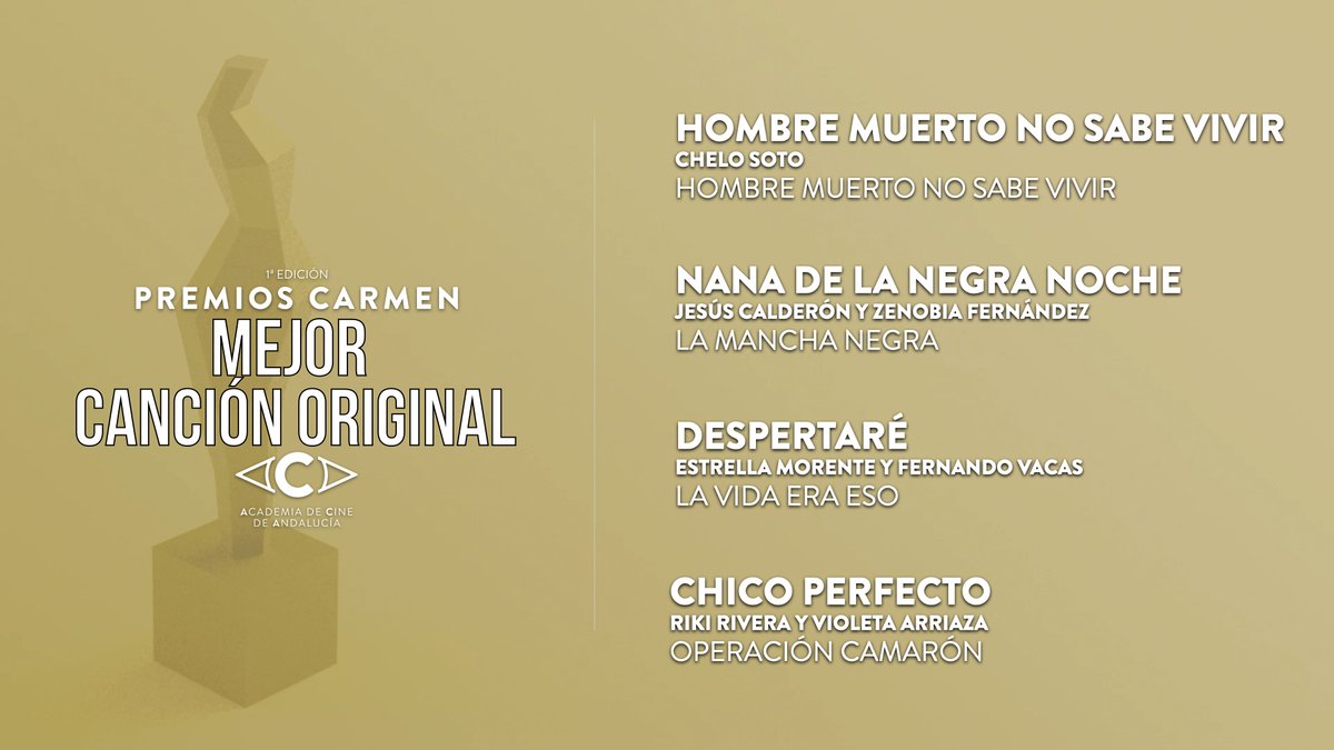 Las nominaciones para Mejor Canción Original: 

Chelo Soto (Hombre muerto no sabe vivir), <a href="/_jesuscalderon_/">Jesús Calderón</a> y Zenobia Fernández (La mancha negra), <a href="/EstrellaMorente/">Estrella Morente</a> y Fernando Vacas (La vida era eso), <a href="/RIki_RIvera/">Riki Rivera</a> y Violeta Arriaza (Operación Camarón) 

#PremiosCarmen #CineAndaluz