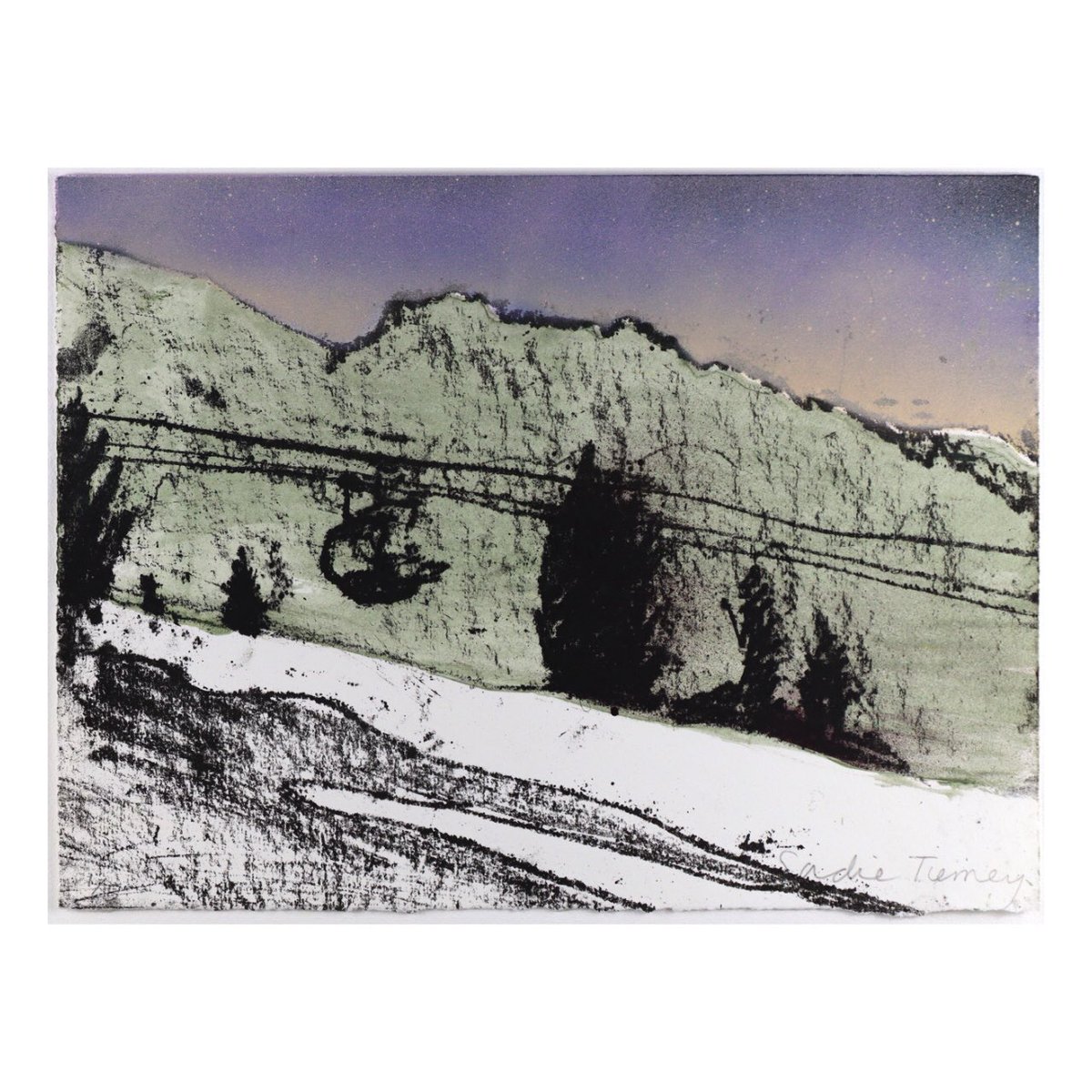 Lift: Dusk, hand finished lithograph, 27x35cm. Edition of 5. Part of a box available as a set or individually. One of 41 new works in my Solo Exhibition “The Mountains are Calling” @RableyGallery until Saturday 18 December