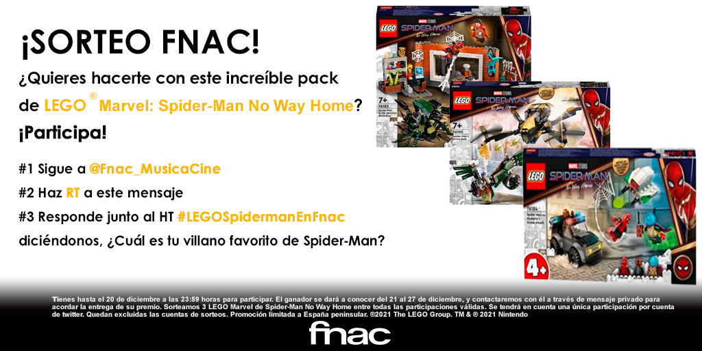 Fnac_MusicaCine's tweet image. Si tu pasión por los #Lego está al mismo nivel que tu amor por #Spiderman, no puedes perderte este sorteo📢

✅Sigue a @Fnac_MusicaCine 
✅RT al tweet
✅Responde junto al HT #LEGOSpidermanEnFnac ¿Cuál es tu villano favorito de Spider-Man?
👉fnac.es/SearchResult/R…
