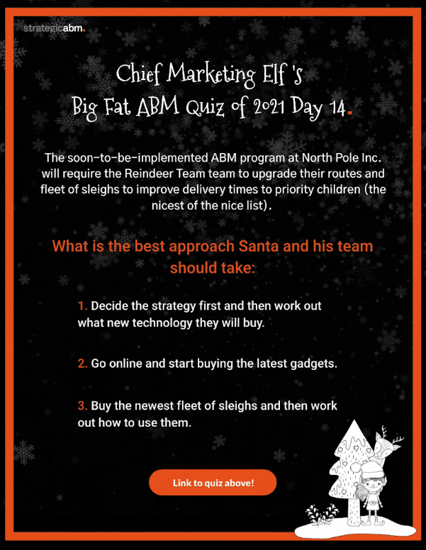 Santa Claus It’s day 14 of the 🎅🎅 Santa Claus Chief Marketing Elf’s Big Fat #ABM Quiz  - be sure to open door 14 and answer the question to be in with a chance to win some great prizes. 🎅🎅hubs.la/Q010cM9C0  #accountbasedmarketing #ABMQuiz #B2BMarketing