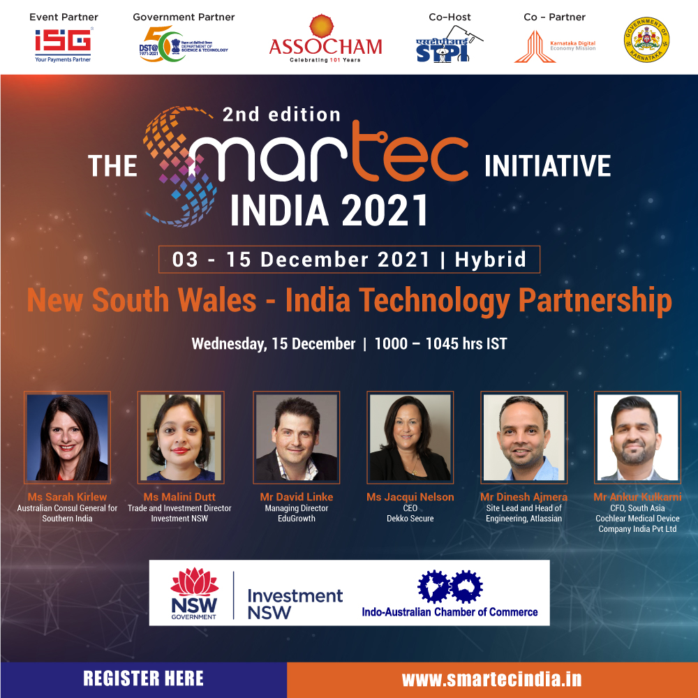 IndoAustChamber's tweet photo. Join the @IndoAustChamber, an International Partner of @ASSOCHAM4India's SMARTecIndia2021 for two exciting sessions. Our Corporate members @InvestmentNSW &amp; @Global_Vic will be moderating these Australia -focused sessions tomorrow, Wednesday, 15 December 2021. https://t.co/NgRCLBMfJy