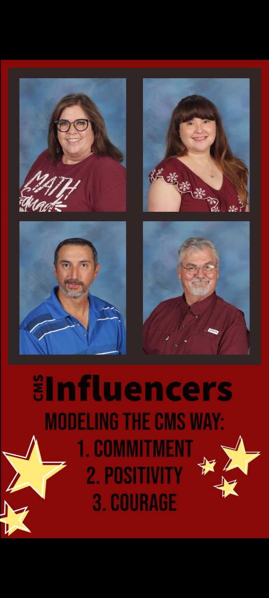 calallenms's tweet photo. Modeling The CMS Way as this week's influencers for their strong commitment to reaching & teaching students, contagious positivity, and cultivating courage through grit; CONGRATS Cynthia Minton-Henderson, JoAnny Narvaez, Casey Barrera, and Ross Wilmeth! #TheCMSway #CalallenISD https://t.co/2UBktFJc5S