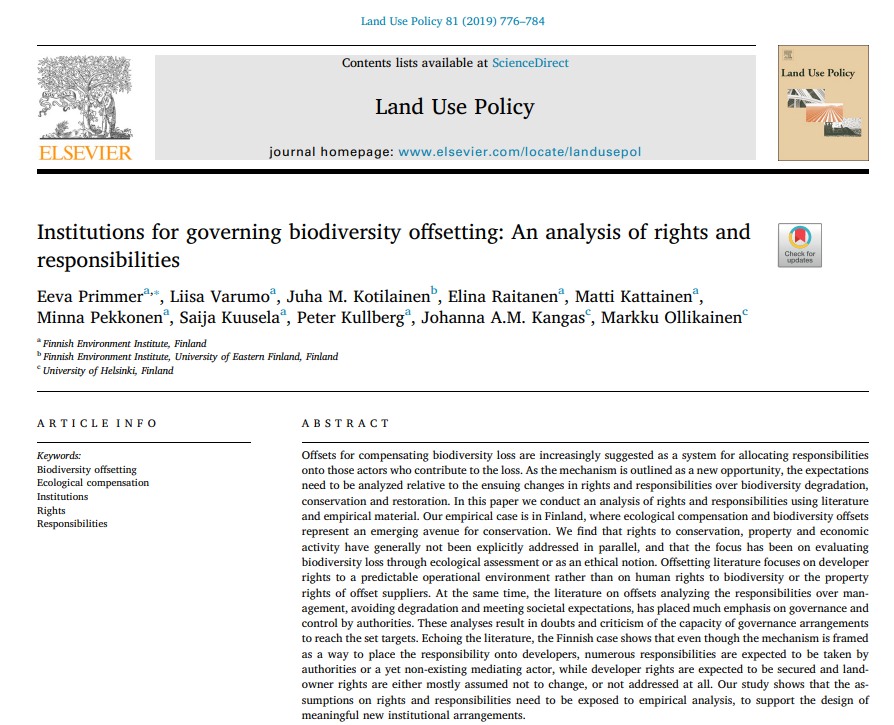 EevaPrimmer's tweet image. Establishing new policy instruments, like #biodiversityoffsetting #ecologicalcompensation, also needs careful analysis of #rights and #responsibilities, because they will be reformulated. #SYKEpublication