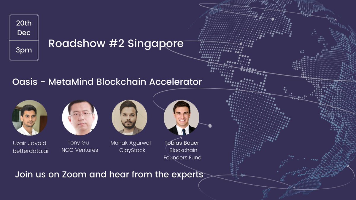 MetaMindLabs's tweet image. Get ready for our second Roadshow! On Dec 20th come and hear from expert VC investors &amp;amp; entrepreneurs on the future of #BlockchainInvestment and the funding landscape - focussing on #Singapore &amp;amp; #SEA @alexpotterVC @OasisProtocol Get your free ticket here: bit.ly/3ynneWy