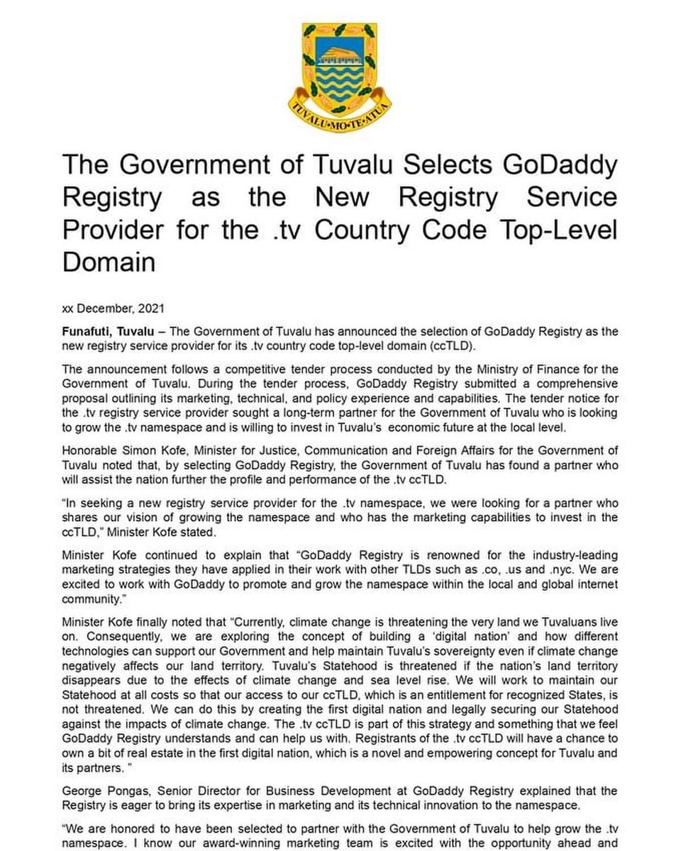 GeorgePongas's tweet photo. I am very excited, and humbled, to be working with the Hon. Minister Simon Kofe and the Government of Tuvalu on this amazing project to take the .tv ccTLD to new highs and successes.
Thank you for selecting #GoDaddyRegistry
#tuvalu #dottv #domains #godaddy #tuvalu #aptld https://t.co/fmqvGGo7cl