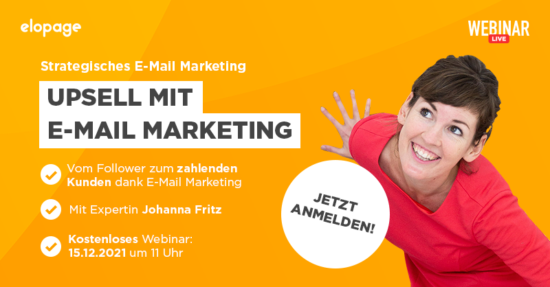 Vom kostenlosen #Kurs zum Premium Produkt? 💡 Mit strategischem E-Mail #Marketing zu mehr Verkäufen! 

Im #Webinar gibt dir Johanna Fritz praktische #Tipps, wie aus Followern und Abonnenten zahlende Kunden werden. 

Mehr Info zum #Webinar:
elopage.com/webinarmitjoha…