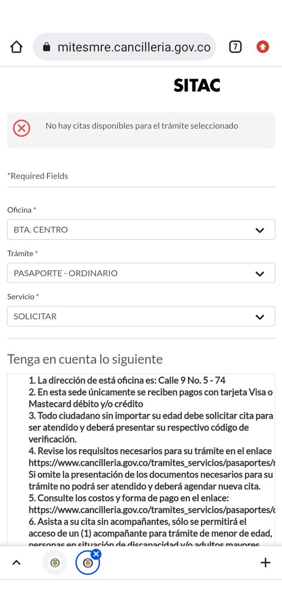 lopezsandram's tweet photo. @CancilleriaCol Por favor!! No hay citas!! Llevo intentando más de dos semanas! Den solución a esto!! https://t.co/xSxKPfJ3X9