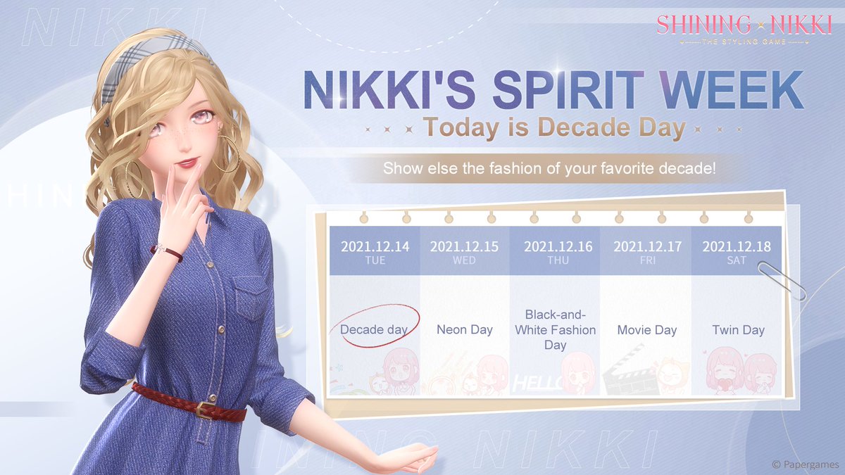 ShiningNikki_SN's tweet photo. ✨Community Spirit Week✨
Hi, Stylists!
Attention, please!

Today's Dress Code: Decade day

Quote tweet with your submission and player ID.
Momo will select one work each day to send out 800 Pink Gems and all the selected work will be showcased after Spirit Week!

#Shiningnikki https://t.co/UBLZkb2bKc