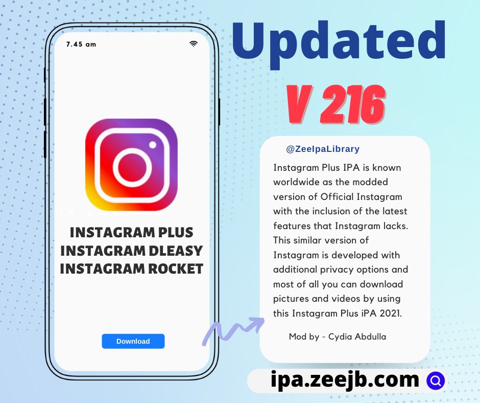 Zee iPA Library on X: App Updates: v 216 - iOS 15.2 Instagram PLUS ✓  Instagram Rhino ✓ Instagram DLEasy ✓ Get iPA Free -   Blog -  Jailbreak Guide:  #