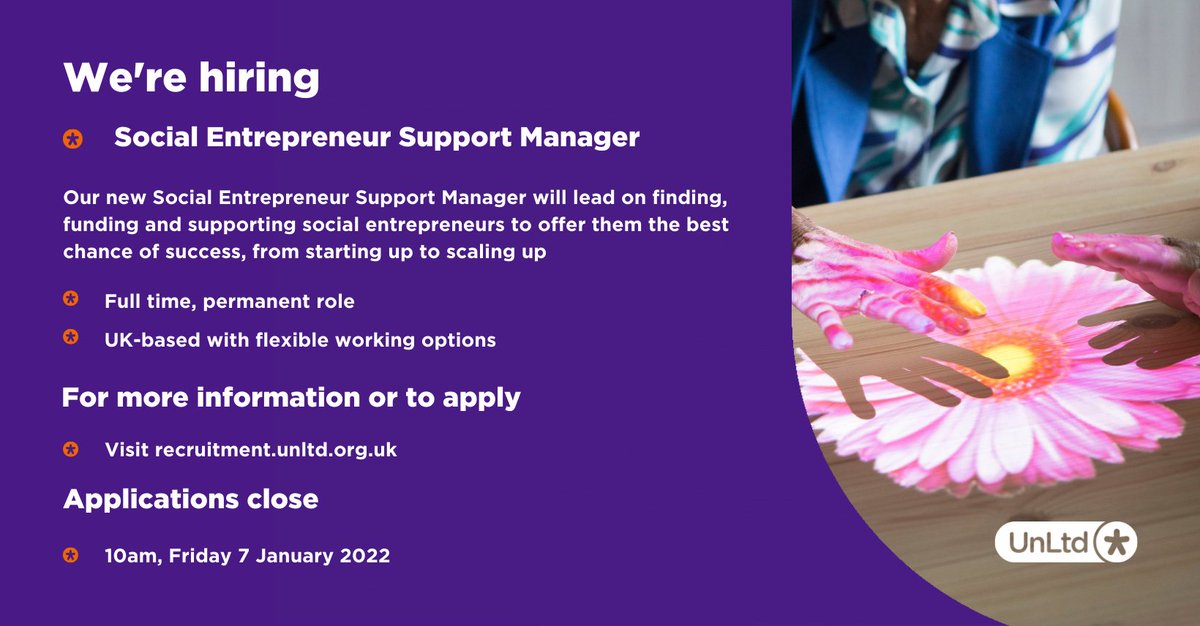 We're #hiring a Social Entrepreneur Support Manager

If you're a mission-driven individual with experience providing funding and advisory support to entrepreneurs, we want to hear from you 

Find out more and apply before 7 January 2022 -

recruitment.unltd.org.uk/VacancyDetails…