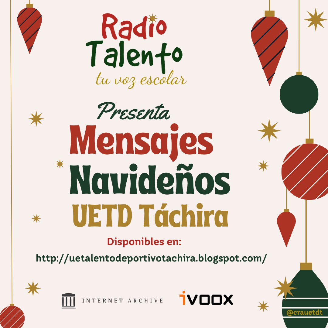 #14Dic | Proyecto #RadioTalento les invita a escuchar la VI edición de #MensajesNavideños  

<a href="/MPPEDUCACION/">MPPEDUCACION</a> <a href="/_LaAvanzadora/">Yelitze Santaella</a> @ZonaEducTachira <a href="/revenezuela1/">Radio Educa</a> <a href="/RosangelaOrozco/">Rosangela Orozco</a> <a href="/lubrio/">Luigino Bracci Roa</a> <a href="/gtorodelara/">Gisela Toro Hernández</a> <a href="/eugeniapinero/">Ma. eugenia piñero</a> <a href="/IpasmeSC/">IPASME San Cristóbal</a> 

🎧➡️bit.ly/3F5U9Bq

#TuVozEscolar
#ALBAEsVida