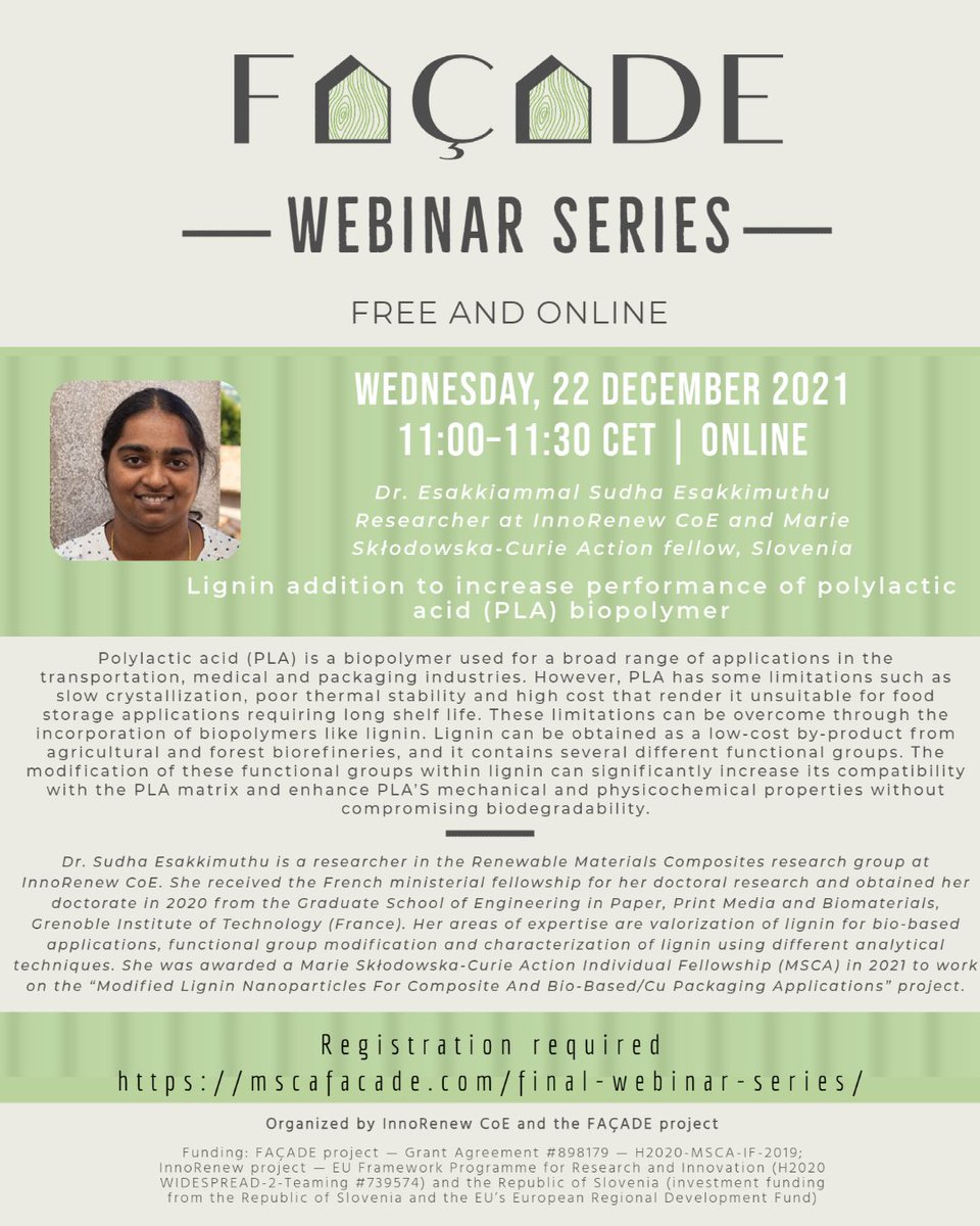 InnoRenewCoE's tweet photo. Join the FAÇADE webinar with Dr. Sudha Esakkimuthu, Researcher and #MSCA fellow at #InnoRenew CoE. She will talk about Lignin addition to increase performance of PLA biopolymer.

Register to attend this free webinar.👇
https://t.co/ZtlF983XDM
#BioFacade #Biobased https://t.co/ISsSsm2mG4