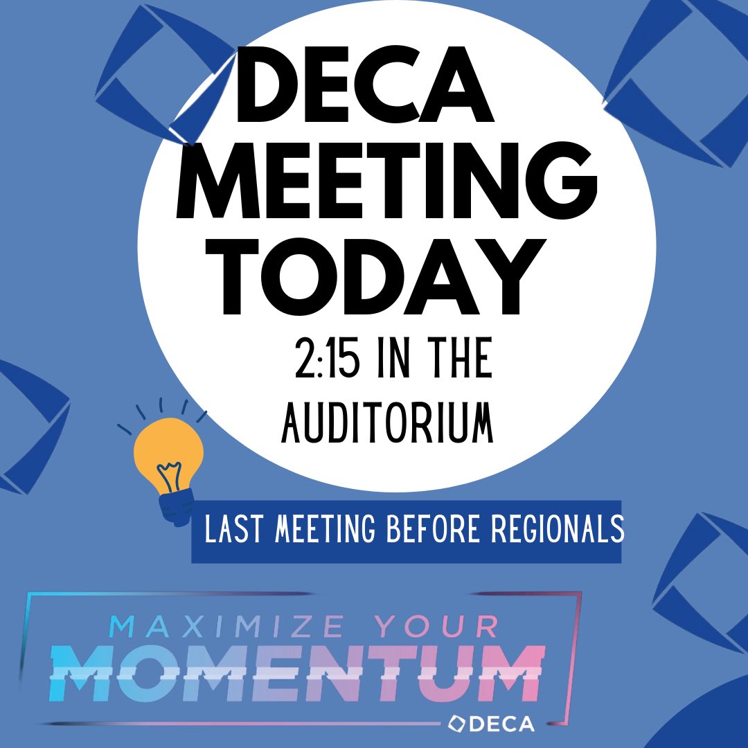 Victor_DECA's tweet photo. DECA meeting today‼️
⌛️ Reminder you must attend at least 6 meetings in order to go to the regional competition this Thursday ⌛️ https://t.co/ySUcnVhRGg