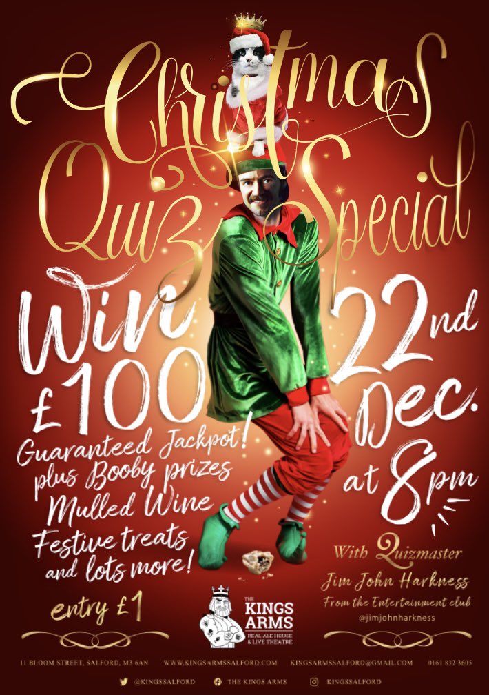 Join us for our final quiz of the year with our Christmas special! Must go jackpot up for grabs! Hosted by entertainment clubs Jim John Harkness with co host Charlie the pub cat 😺